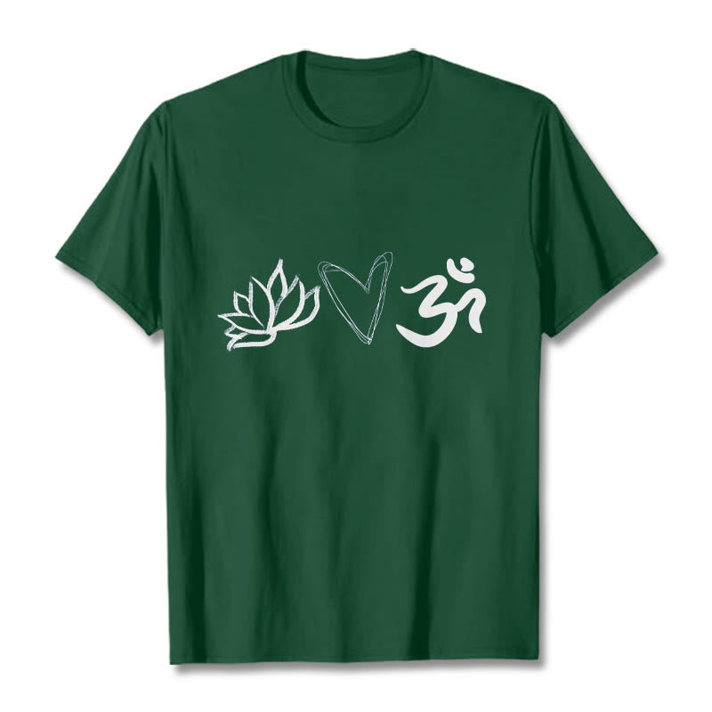 Buddha Stonesカジュアル ロータス ハート柄 オムシンボル サンスクリット コットンTシャツ - フォレストグリーン - 2XL - image 1
