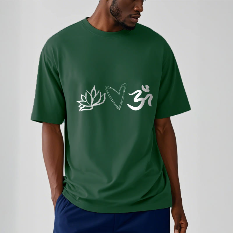 Buddha Stonesカジュアル ロータス ハート柄 オムシンボル サンスクリット コットンTシャツ - image 2