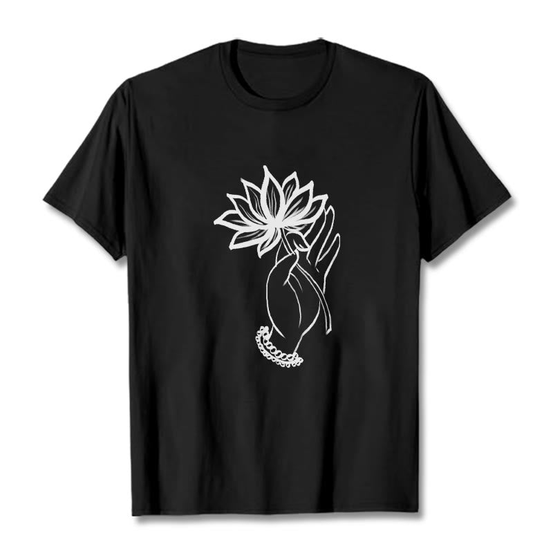 Buddha Stonesと蓮の花柄コットンTシャツ - 黒 - 2XL - image 1