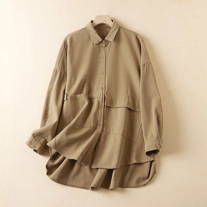 Buddha Stones秋 不規則なデザイン 長袖 レディース コットンリネン ラペルジャケット ポケット付き - カーキ - US14、 UK/AU18、 EU46 (2XL) - image 0