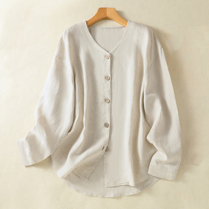 Buddha Stones春らしい無地ボタンデザイン Vネック 長袖 レディースシャツ - リネン - US14、 UK/AU18、 EU46 (2XL) - image 0