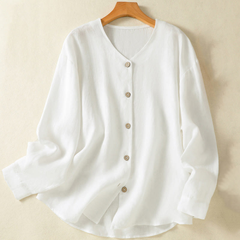 Buddha Stones春らしい無地ボタンデザイン Vネック 長袖 レディースシャツ - 白 - US14、 UK/AU18、 EU46 (2XL) - image 9