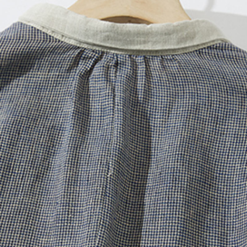 Buddha Stones Commute DimGray チェック柄 ランタン 長袖 コットンリネン ミディドレス ポケット付き - image 3