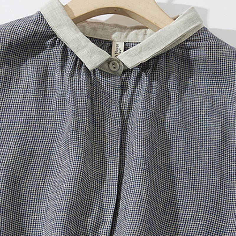 Buddha Stones Commute DimGray チェック柄 ランタン 長袖 コットンリネン ミディドレス ポケット付き - image 2