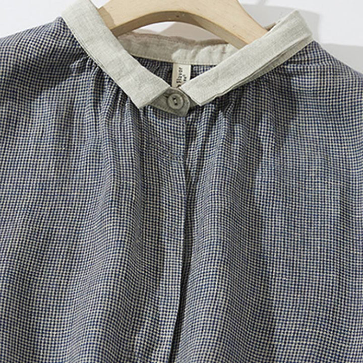 Buddha Stones Commute DimGray チェック柄 ランタン 長袖 コットンリネン ミディドレス ポケット付き - image 2