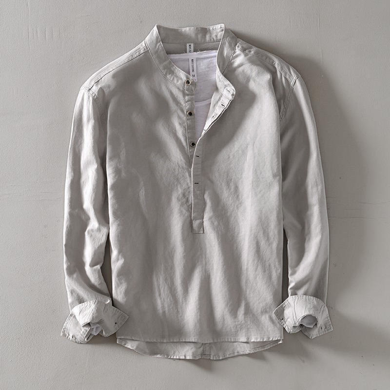 Buddha Stones メンズ コットンリネン 無地 長袖 ハーフボタンシャツ - ゲインズボロ - US/UK/AU40、 EU50 (2XL) - image 3