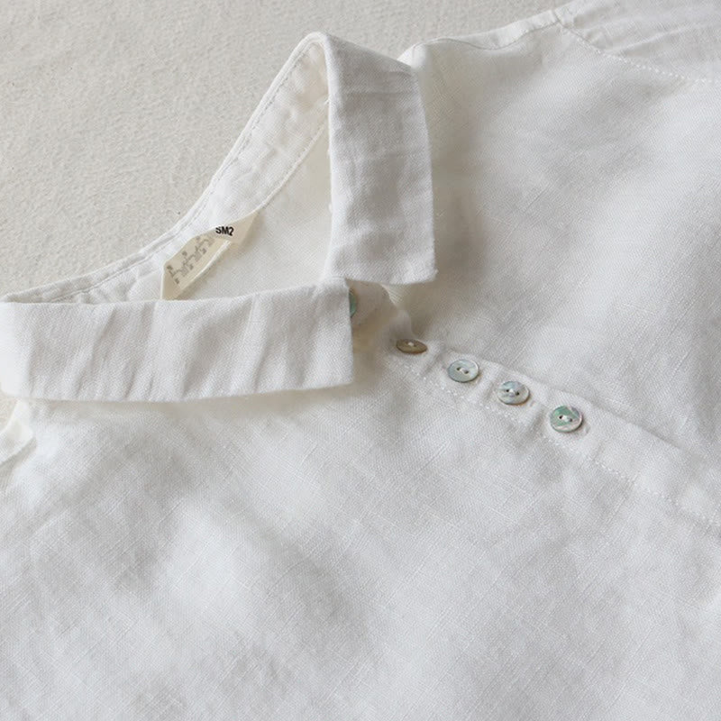 Buddha Stonesボタンデザインラペル七分袖コットンリネンミディドレス（ポケット付き） - image 7