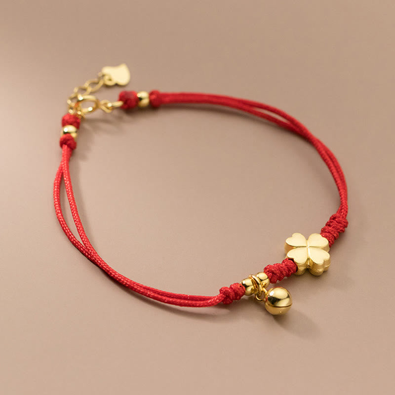 Buddha Stones925スターリングシルバー ゴールドメッキ 四つ葉のクローバー赤紐コネクションブレスレット - image 1