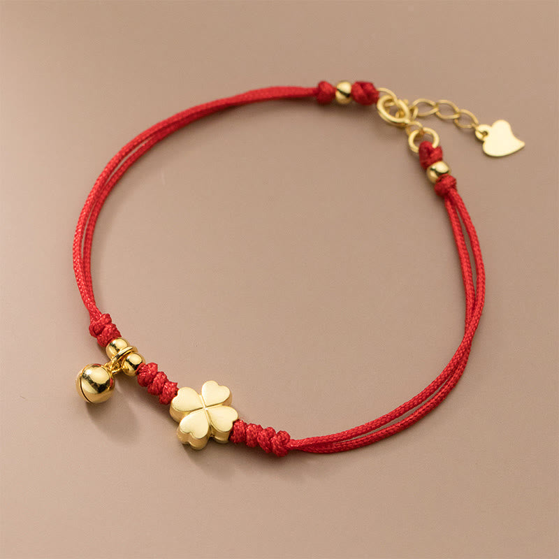 Buddha Stones925スターリングシルバー ゴールドメッキ 四つ葉のクローバー赤紐コネクションブレスレット - image 3