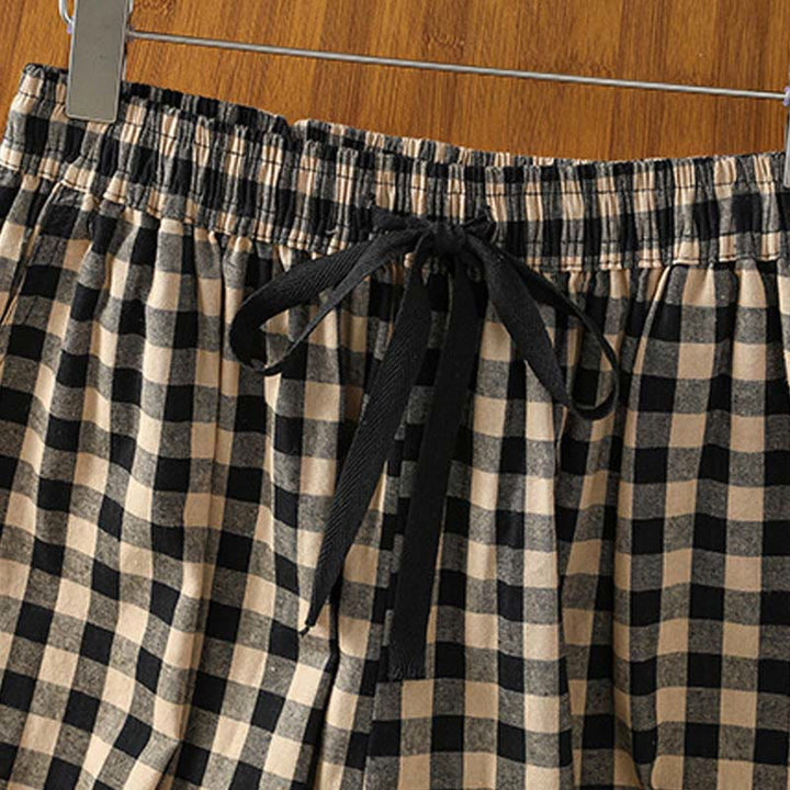 Buddha Stonesカジュアルコットンステッチグリッドレディース7-8丈ワイドレッグパンツ（ポケット付き） - image 2