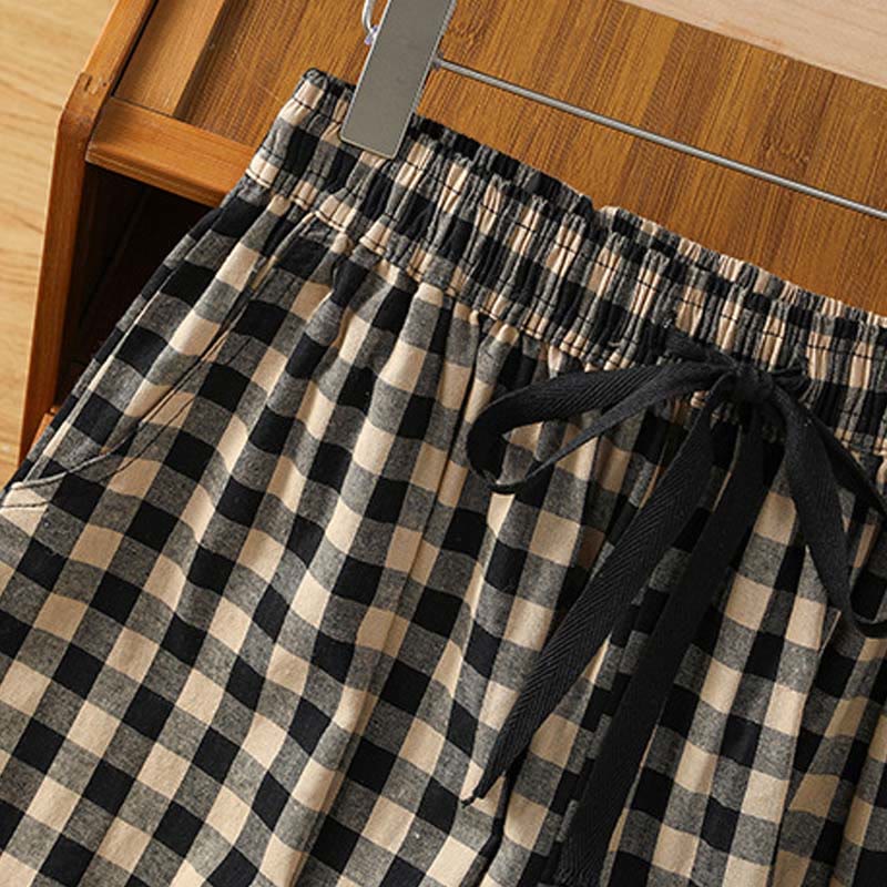 Buddha Stonesカジュアルコットンステッチグリッドレディース7-8丈ワイドレッグパンツ（ポケット付き） - image 7