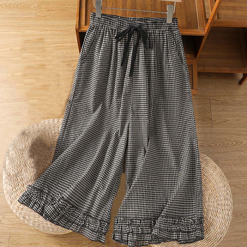 Buddha Stonesカジュアルコットンステッチグリッドレディース7-8丈ワイドレッグパンツ（ポケット付き） - ディムグレー - US6、 UK/AU10、 EU38 (XL) - image 9