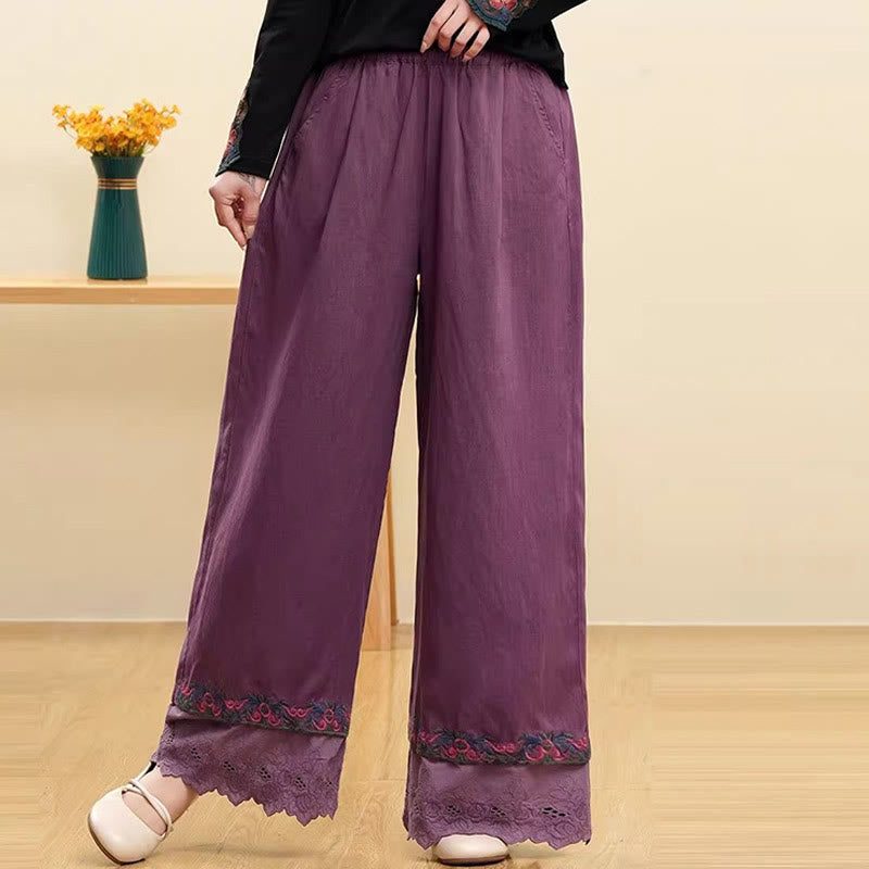 Buddha Stonesカジュアル 刺繍 レース コットンリネン レディース ワイドレッグパンツ ポケット付き - 紫 - US14、 UK/AU18、 EU46 (4XL) - image 1