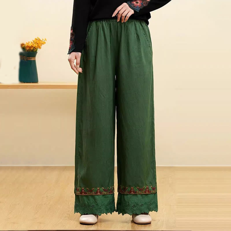 Buddha Stonesカジュアル 刺繍 レース コットンリネン レディース ワイドレッグパンツ ポケット付き - 緑 - US14、 UK/AU18、 EU46 (4XL) - image 4
