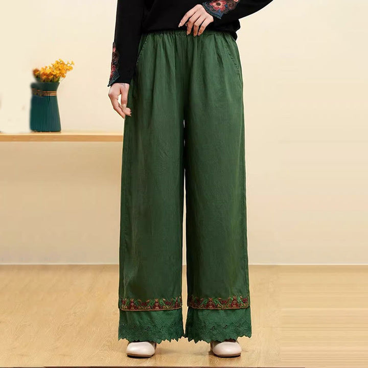 Buddha Stonesカジュアル 刺繍 レース コットンリネン レディース ワイドレッグパンツ ポケット付き - 緑 - US14、 UK/AU18、 EU46 (4XL) - image 4