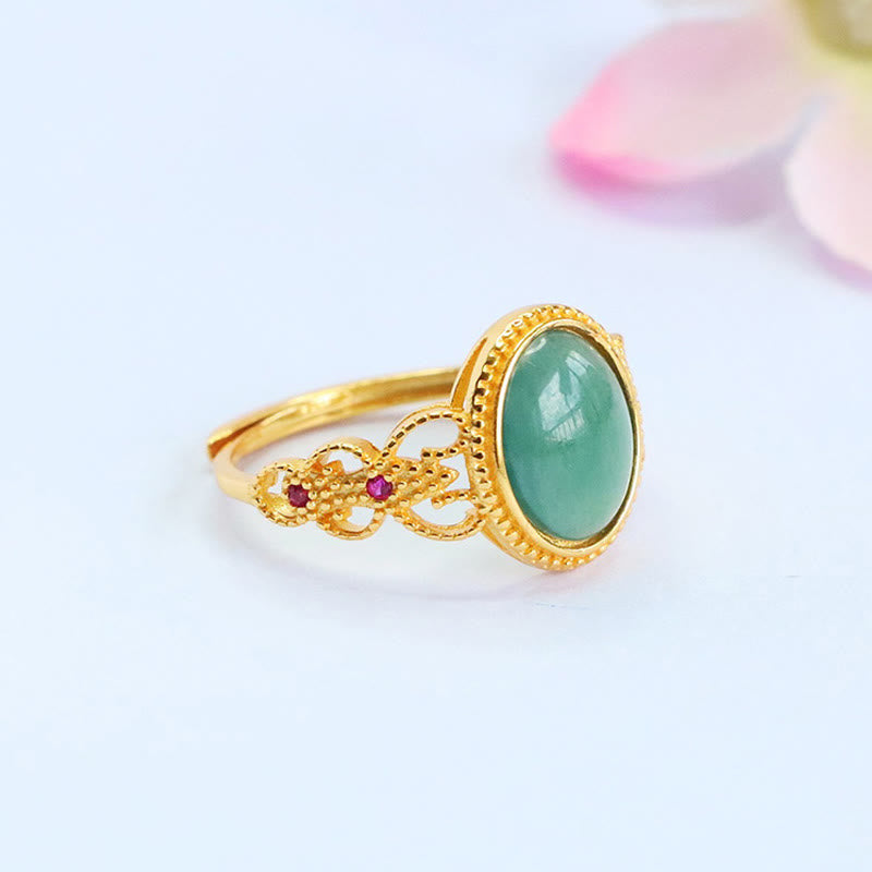 Buddha Stones天然 925 スターリングシルバー ゴールドメッキ 中空デザイン 翡翠 幸運 リング - image 4