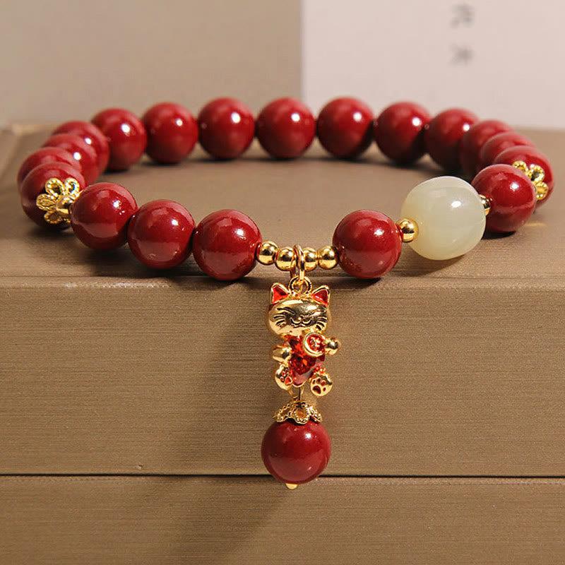 Buddha Stones天然招き猫ペンダント 辰砂良縁祈願ブレスレット - 辰砂（手首周り：16～18cm） - image 1