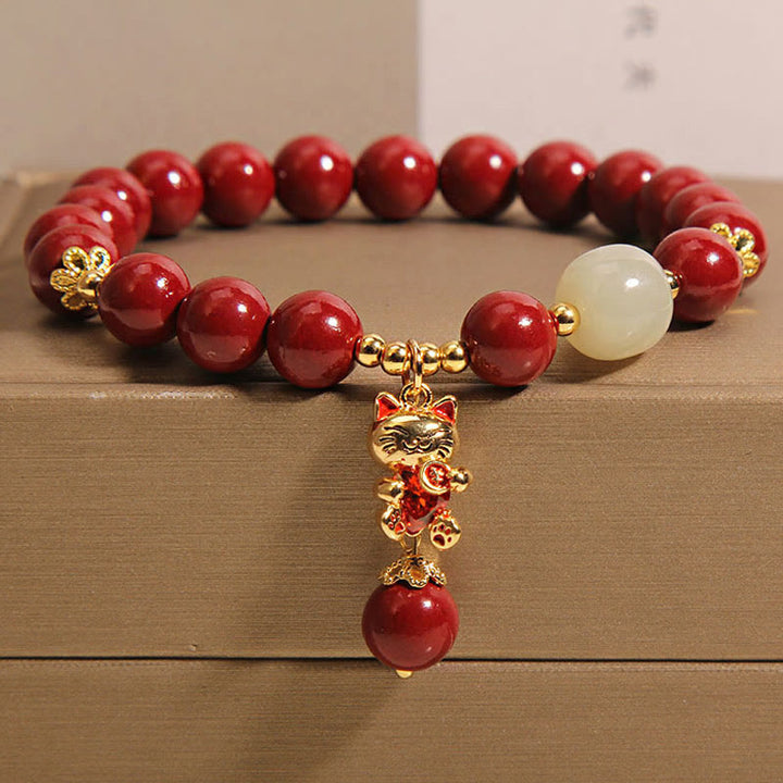Buddha Stones天然招き猫ペンダント 辰砂良縁祈願ブレスレット - 辰砂（手首周り：16～18cm） - image 1