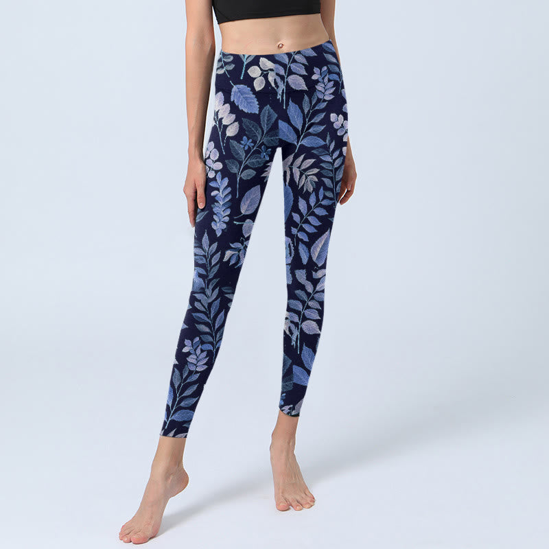 Buddha Stonesパープルリーフプリント ジムレギンス レディース ヨガパンツ - image 5
