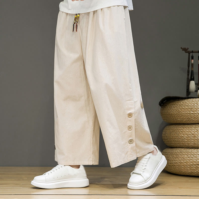 Buddha Stones無地リネンボタンドローストリングメンズストレートレッグパンツ（ポケット付き） - ベージュ - US/UK/AU46、 EU56 (5XL) - image 1