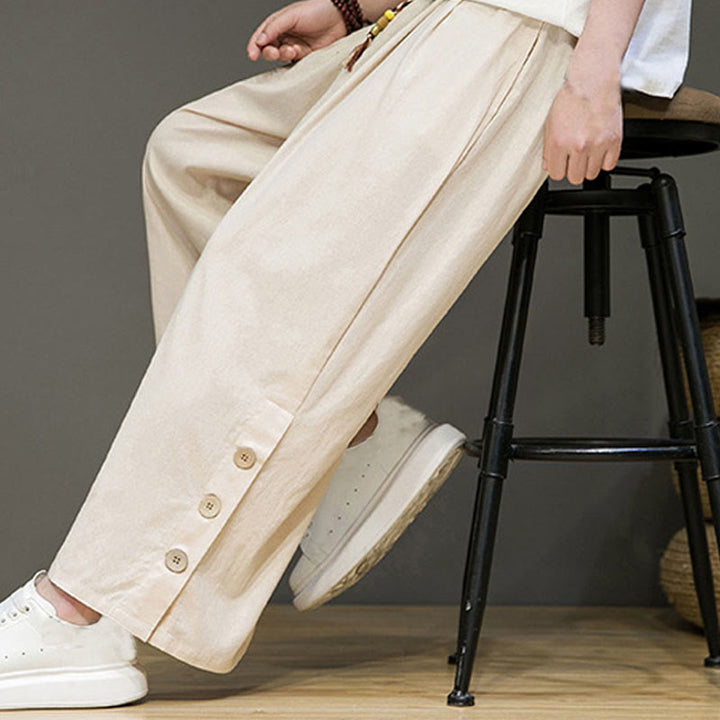 Buddha Stones無地リネンボタンドローストリングメンズストレートレッグパンツ（ポケット付き） - image 6