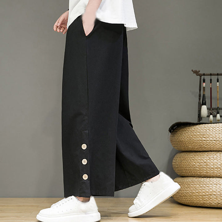 Buddha Stones無地リネンボタンドローストリングメンズストレートレッグパンツ（ポケット付き） - image 8