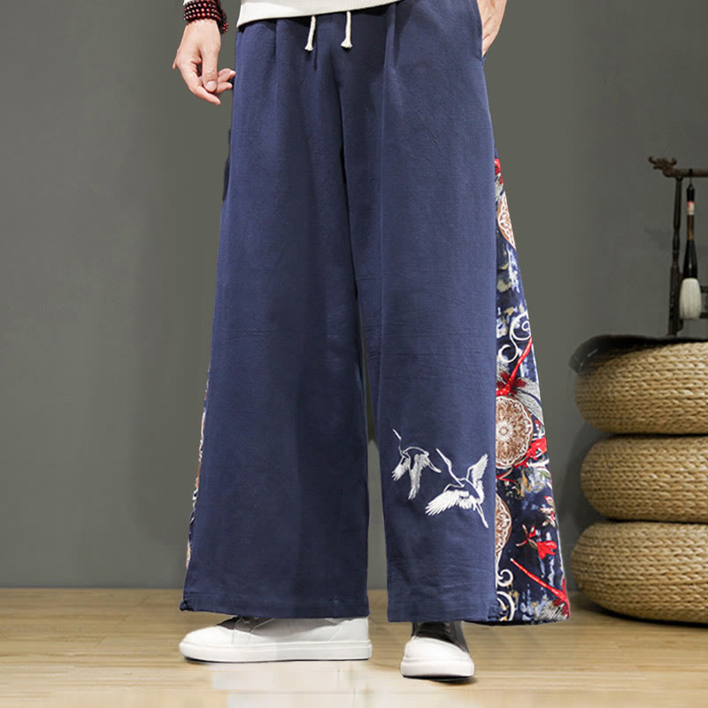 Buddha Stonesと鶴の刺繍入りドローストリングメンズコットンリネンワイドレッグパンツ（ポケット付き） - スチールブルー - US/UK/AU46、 EU56 (5XL) - image 0