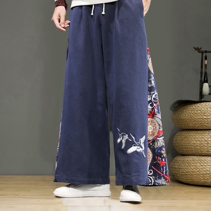 Buddha Stonesと鶴の刺繍入りドローストリングメンズコットンリネンワイドレッグパンツ（ポケット付き） - スチールブルー - US/UK/AU46、 EU56 (5XL) - image 0