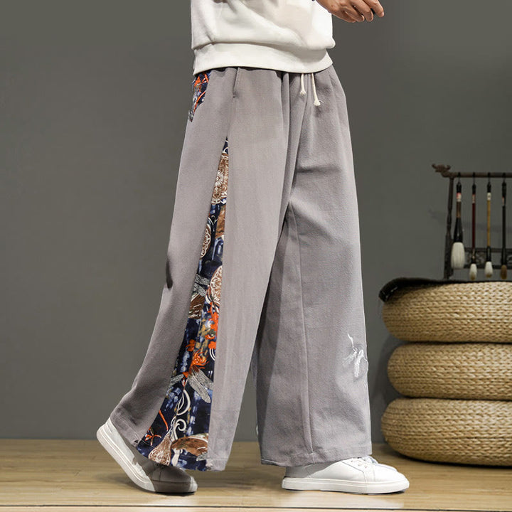 Buddha Stonesと鶴の刺繍入りドローストリングメンズコットンリネンワイドレッグパンツ（ポケット付き） - ライトグレー - US/UK/AU46、 EU56 (5XL) - image 21