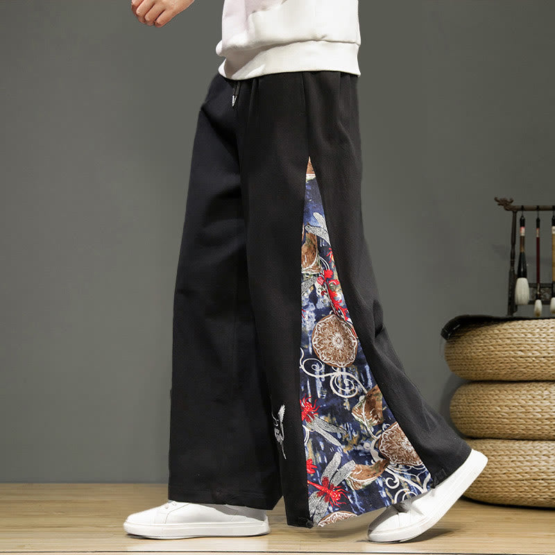 Buddha Stonesと鶴の刺繍入りドローストリングメンズコットンリネンワイドレッグパンツ（ポケット付き） - 黒 - US/UK/AU46、 EU56 (5XL) - image 8