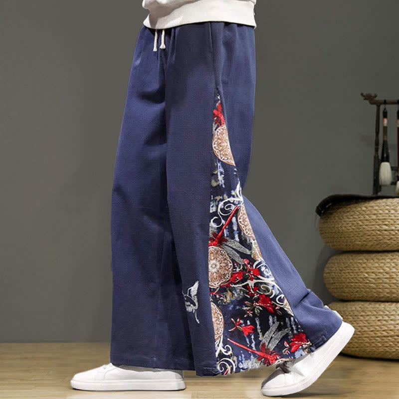 Buddha Stonesと鶴の刺繍入りドローストリングメンズコットンリネンワイドレッグパンツ（ポケット付き） - image 1