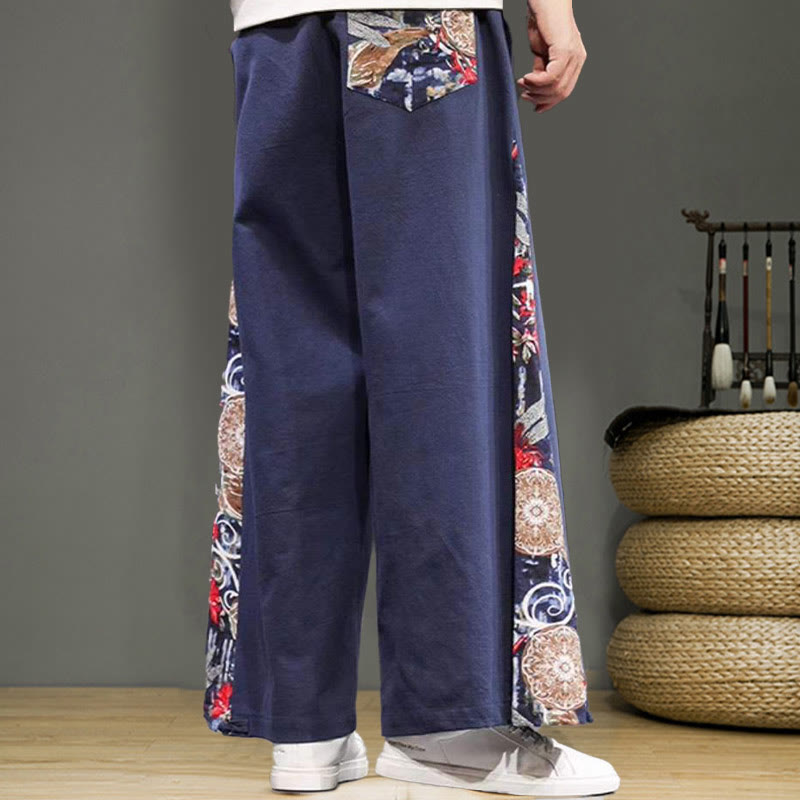 Buddha Stonesと鶴の刺繍入りドローストリングメンズコットンリネンワイドレッグパンツ（ポケット付き） - image 4