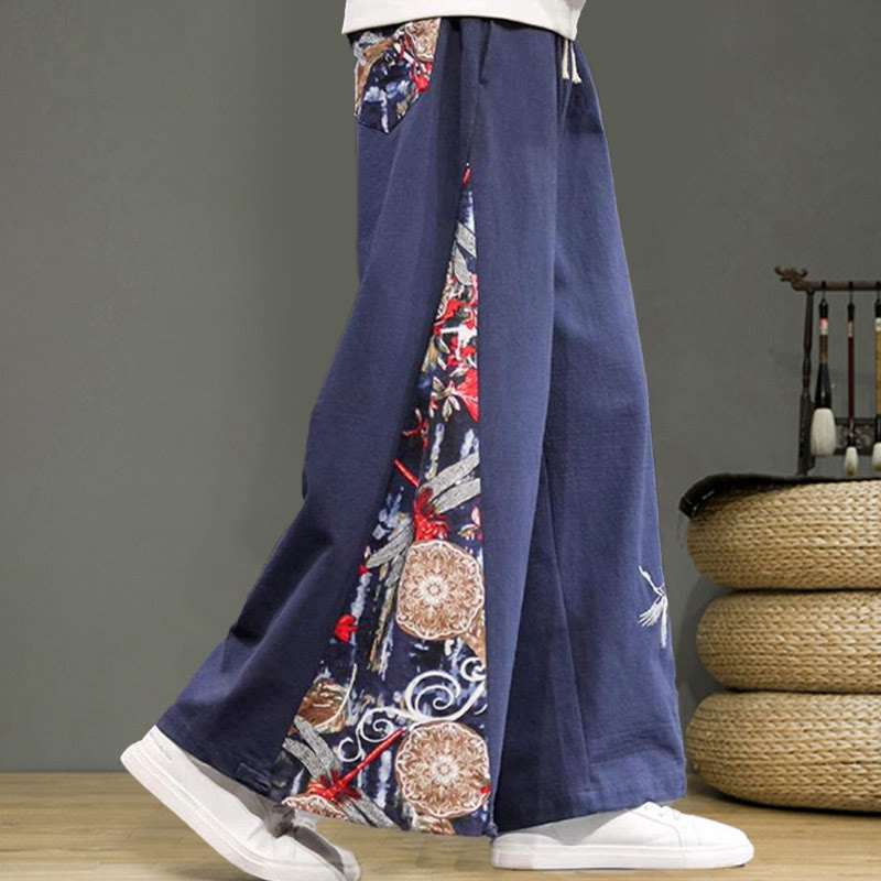 Buddha Stonesと鶴の刺繍入りドローストリングメンズコットンリネンワイドレッグパンツ（ポケット付き） - image 6