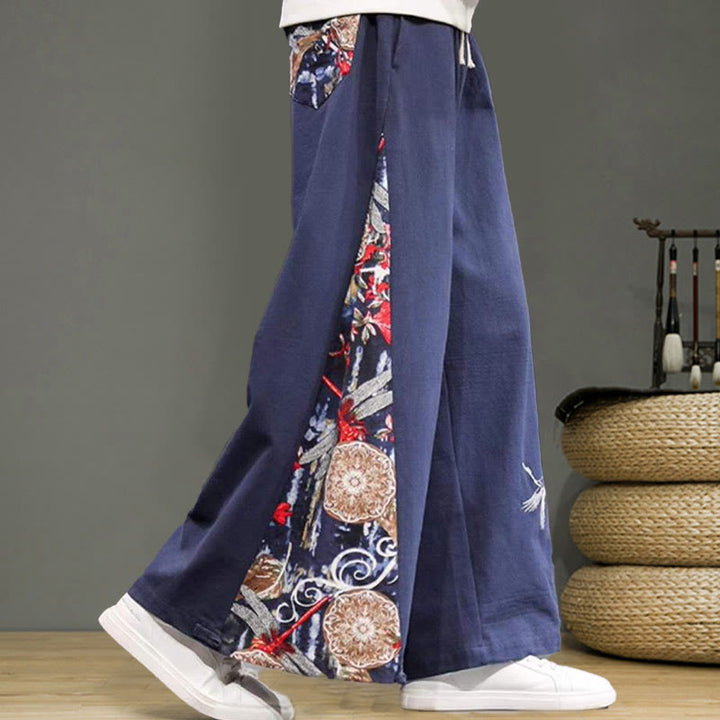 Buddha Stonesと鶴の刺繍入りドローストリングメンズコットンリネンワイドレッグパンツ（ポケット付き） - image 6
