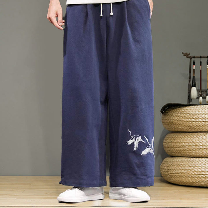 Buddha Stonesと鶴の刺繍入りドローストリングメンズコットンリネンワイドレッグパンツ（ポケット付き） - image 2