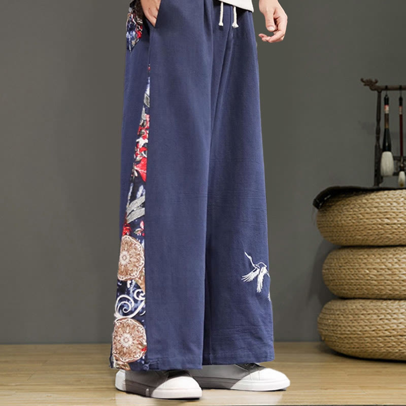 Buddha Stonesと鶴の刺繍入りドローストリングメンズコットンリネンワイドレッグパンツ（ポケット付き） - image 3