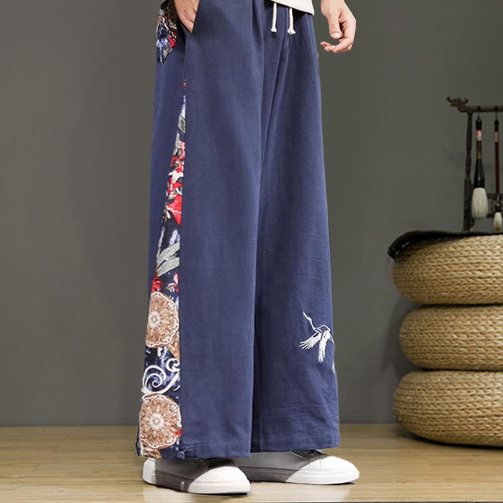 Buddha Stonesと鶴の刺繍入りドローストリングメンズコットンリネンワイドレッグパンツ（ポケット付き） - image 3
