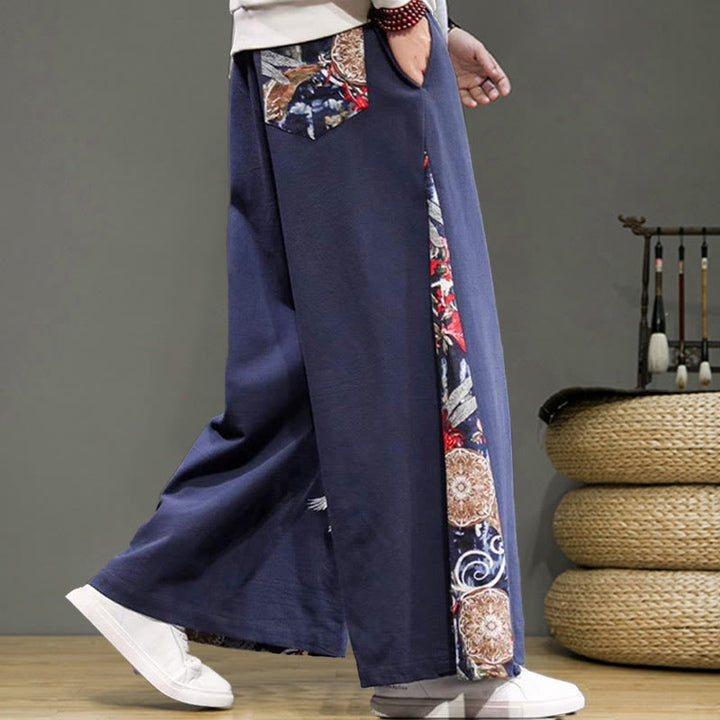 Buddha Stonesと鶴の刺繍入りドローストリングメンズコットンリネンワイドレッグパンツ（ポケット付き） - image 5
