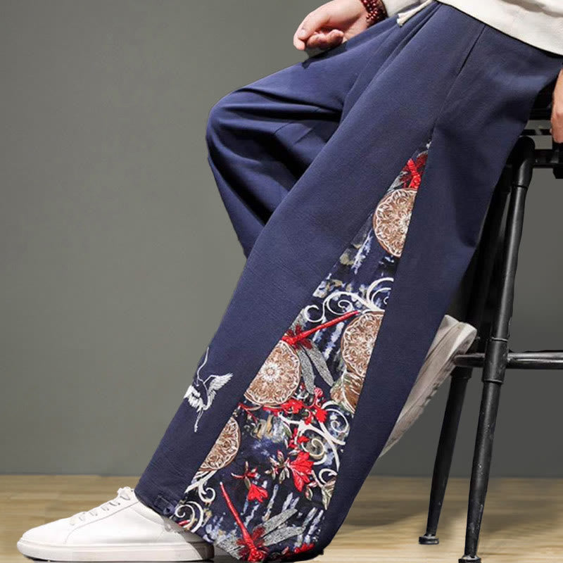 Buddha Stonesと鶴の刺繍入りドローストリングメンズコットンリネンワイドレッグパンツ（ポケット付き） - image 7