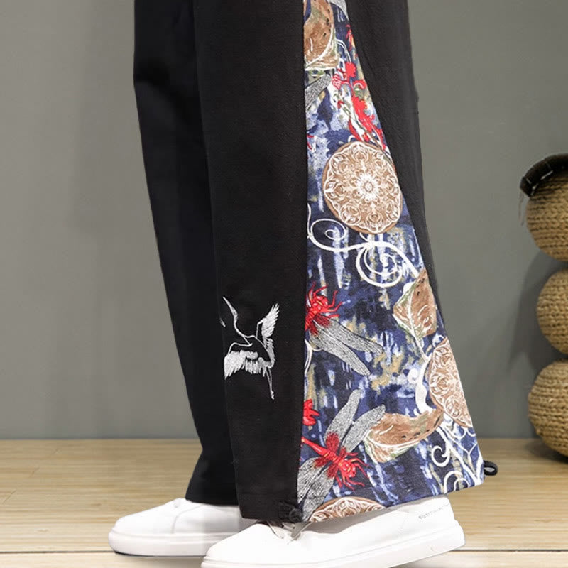 Buddha Stonesと鶴の刺繍入りドローストリングメンズコットンリネンワイドレッグパンツ（ポケット付き） - image 19