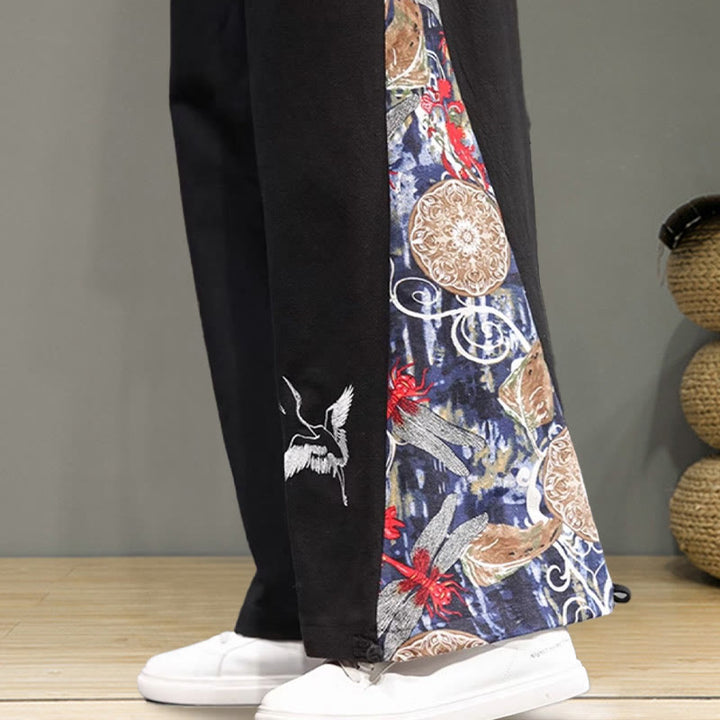Buddha Stonesと鶴の刺繍入りドローストリングメンズコットンリネンワイドレッグパンツ（ポケット付き） - image 19