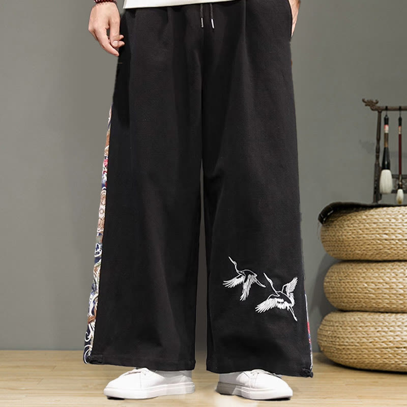Buddha Stonesと鶴の刺繍入りドローストリングメンズコットンリネンワイドレッグパンツ（ポケット付き） - image 13