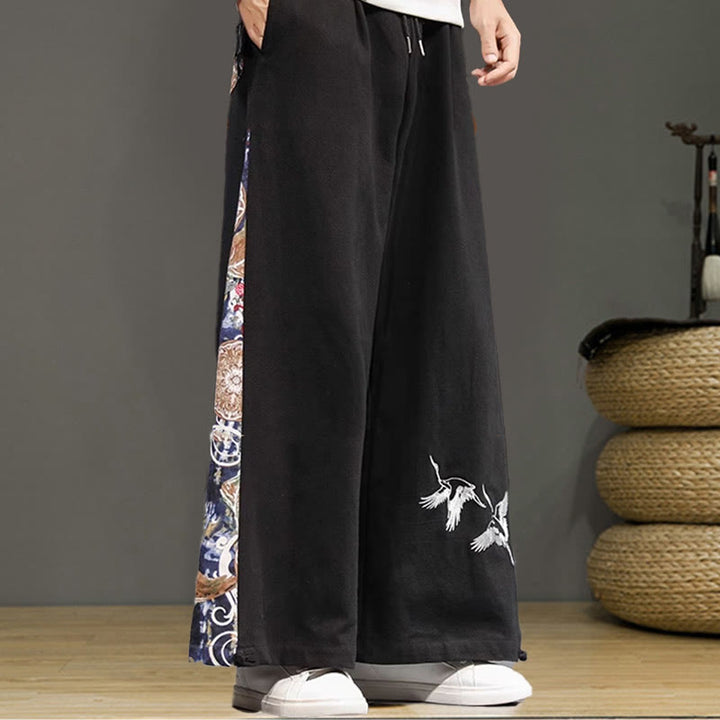 Buddha Stonesと鶴の刺繍入りドローストリングメンズコットンリネンワイドレッグパンツ（ポケット付き） - image 14