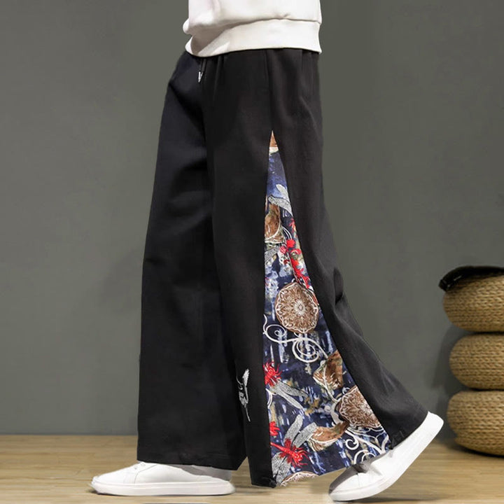 Buddha Stonesと鶴の刺繍入りドローストリングメンズコットンリネンワイドレッグパンツ（ポケット付き） - image 16