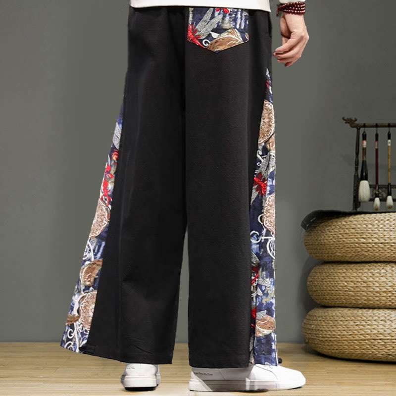 Buddha Stonesと鶴の刺繍入りドローストリングメンズコットンリネンワイドレッグパンツ（ポケット付き） - image 11