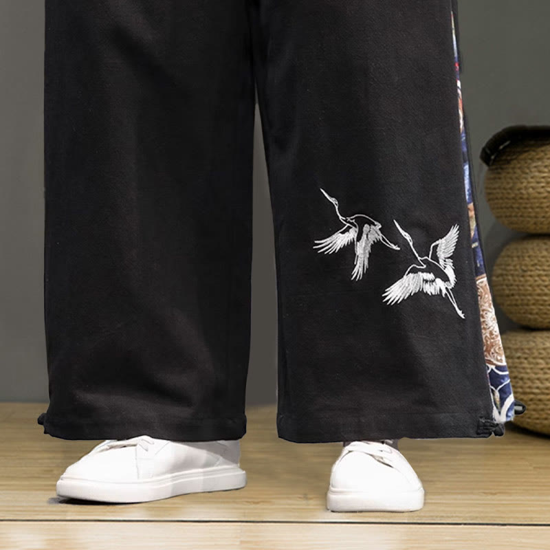 Buddha Stonesと鶴の刺繍入りドローストリングメンズコットンリネンワイドレッグパンツ（ポケット付き） - image 20