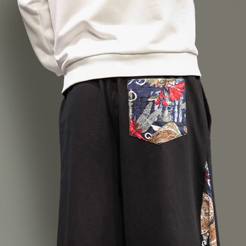 Buddha Stonesと鶴の刺繍入りドローストリングメンズコットンリネンワイドレッグパンツ（ポケット付き） - image 18
