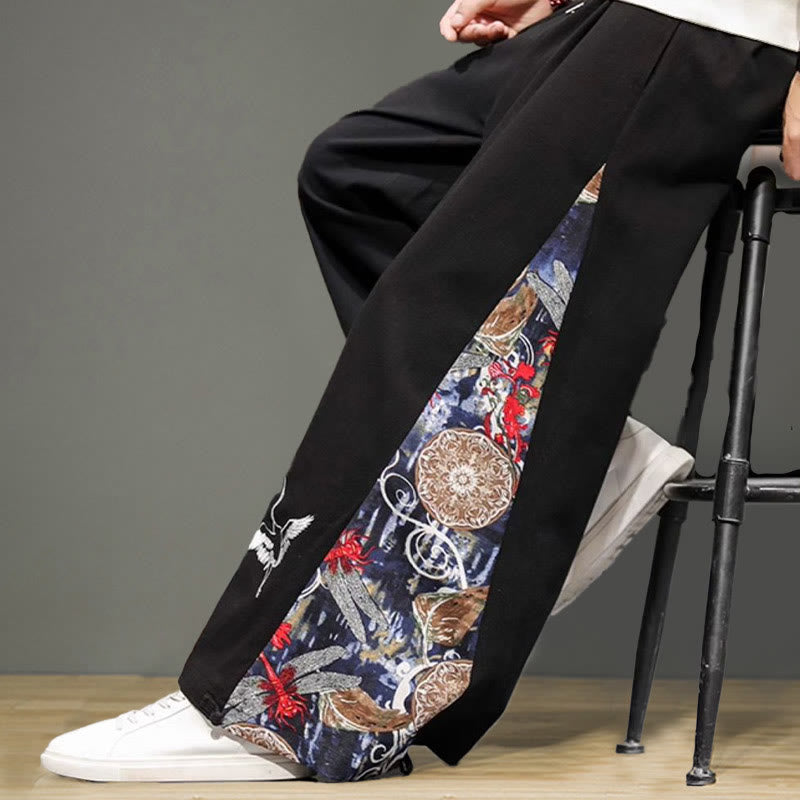 Buddha Stonesと鶴の刺繍入りドローストリングメンズコットンリネンワイドレッグパンツ（ポケット付き） - image 12