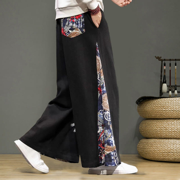 Buddha Stonesと鶴の刺繍入りドローストリングメンズコットンリネンワイドレッグパンツ（ポケット付き） - image 15
