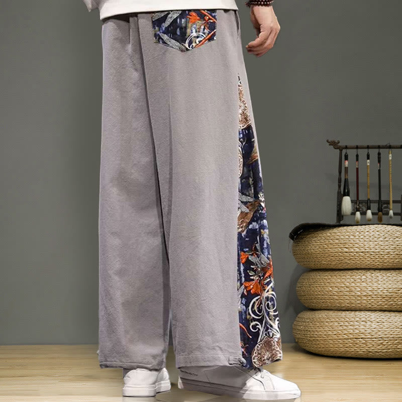 Buddha Stonesと鶴の刺繍入りドローストリングメンズコットンリネンワイドレッグパンツ（ポケット付き） - image 24